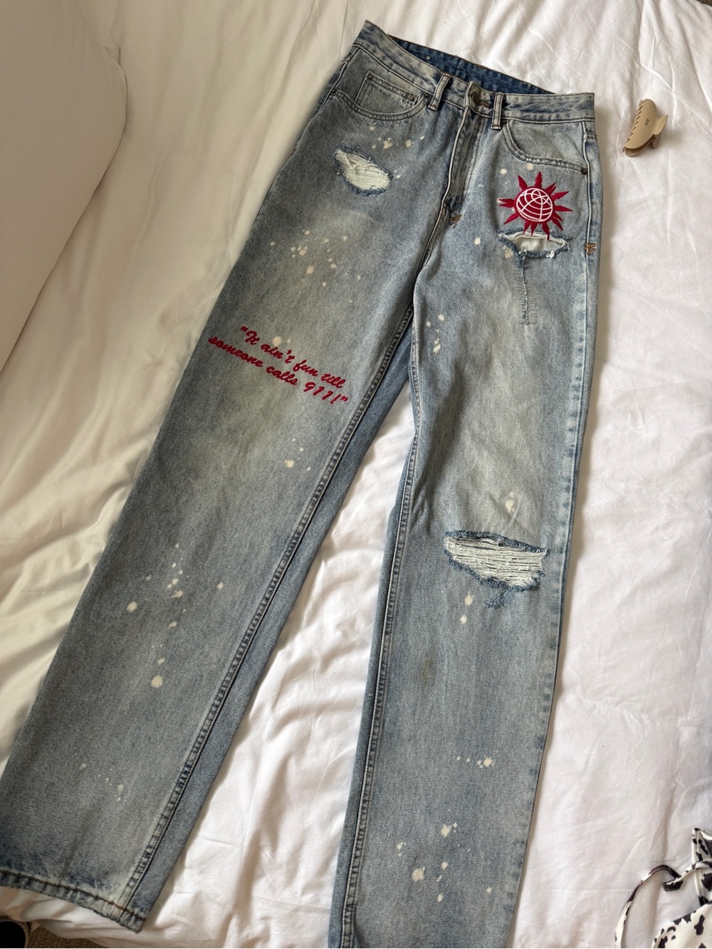 Ksubi Playback Jean Distressed with Red Sun Patch and fun designs!